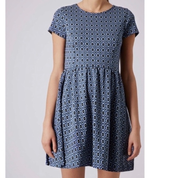 TOPSHOP Fit & Flare Skater Blue Knit Dress with Geometric Tile Print - Picture 2 of 14